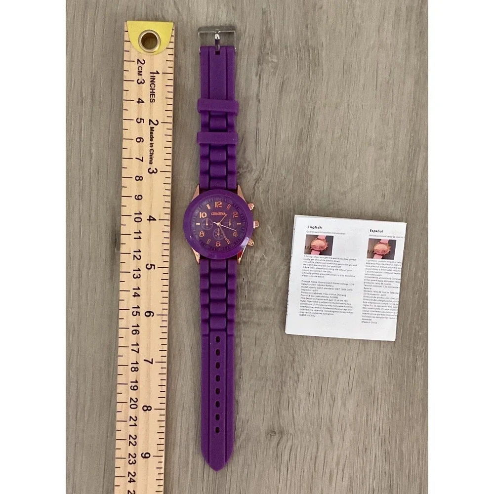 Geneva Quartz Watch Purple Silicone‎ Band Rose Gold Case Analog Dial Sporty